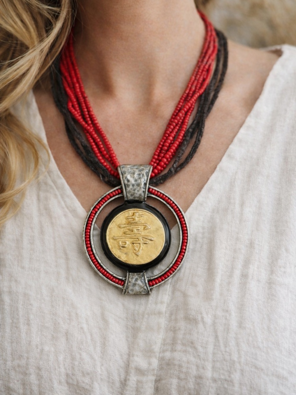Chico’s Red Beaded Statement Necklace Asian Symbol Pendant Boho Bold